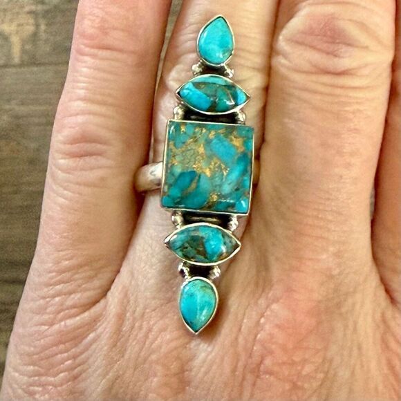 Unique Blue Copper Turquoise Multi Stone Ring Southwestern Silver Adjustable - Picture 2 of 5